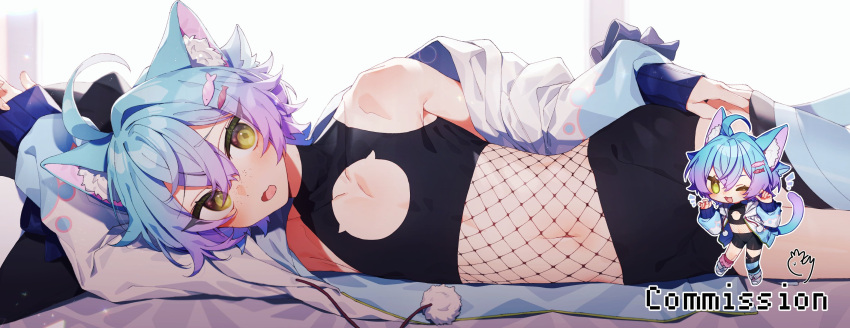 1boy animal_ear_fluff animal_ears aqua_hair black_shorts black_thighhighs blush cat_boy cat_ears cat_tail chibi clothing_cutout commission coojisan fish_hair_ornament fishnets freckles gradient_hair hair_ornament highres indie_virtual_youtuber jacket linechu long_sleeves lying male_focus multicolored_hair multiple_views on_side one_eye_closed open_clothes open_jacket open_mouth otoko_no_ko pink_hair pom_pom_(clothes) shorts single_thighhigh tail thighhighs virtual_youtuber yellow_eyes