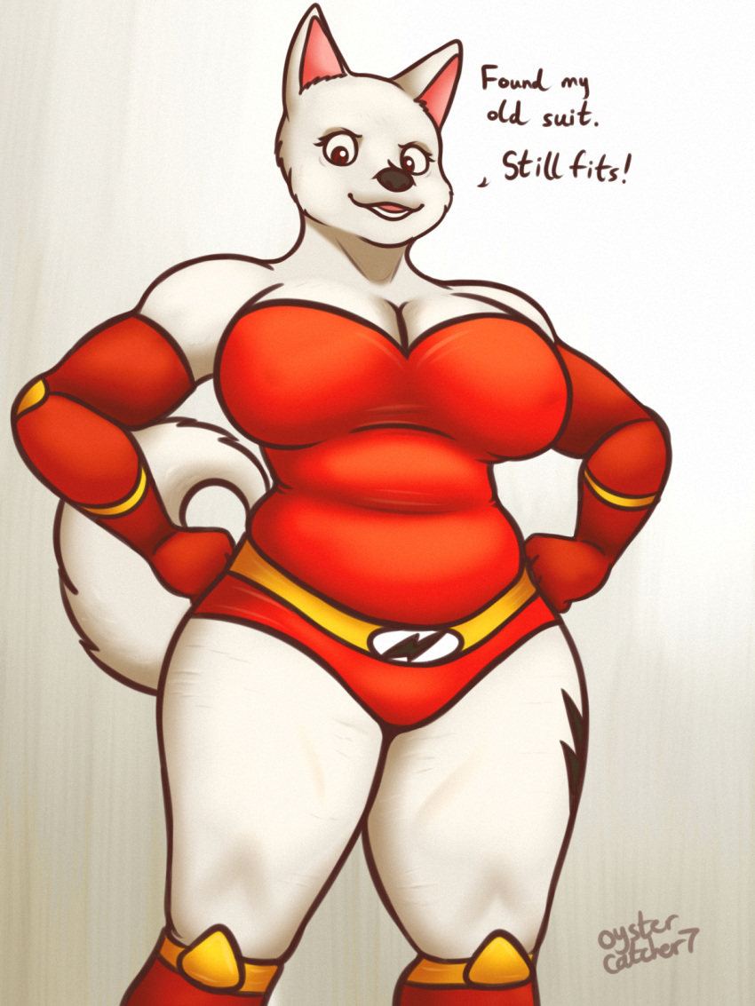 anthro armwear big_breasts bolt_(bolt) bolt_(film) breasts canid canine canis cleavage clothed clothing collie crossgender disney domestic_dog female herding_dog hi_res leotard mammal mature_female mtf_crossgender oystercatcher7 pastoral_dog sheepdog smile solo stretch_marks superhero thick_thighs