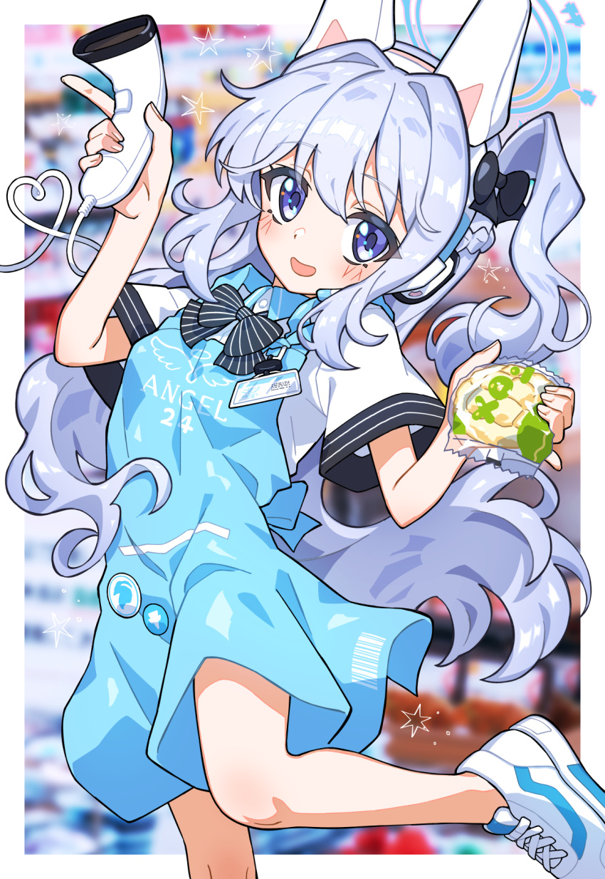 1girl animal_ear_headphones animal_ears apron barcode_scanner black_bow black_bowtie blue_apron blue_archive blue_eyes blue_hair blurry blurry_background blush bow bowtie bread breasts commentary fake_animal_ears food fuji_tarawi halo hands_up headphones highres holding holding_food indoors legs light_blue_hair long_hair looking_at_viewer market melon_bread miyako_(blue_archive) miyako_(lawson)_(blue_archive) name_tag open_mouth print_apron rabbit_ear_headphones shirt shoes short_sleeves side_ponytail sidelocks small_breasts smile sneakers solo standing standing_on_one_leg star_(symbol) striped striped_bow striped_bowtie thighs wavy_hair white_footwear white_shirt