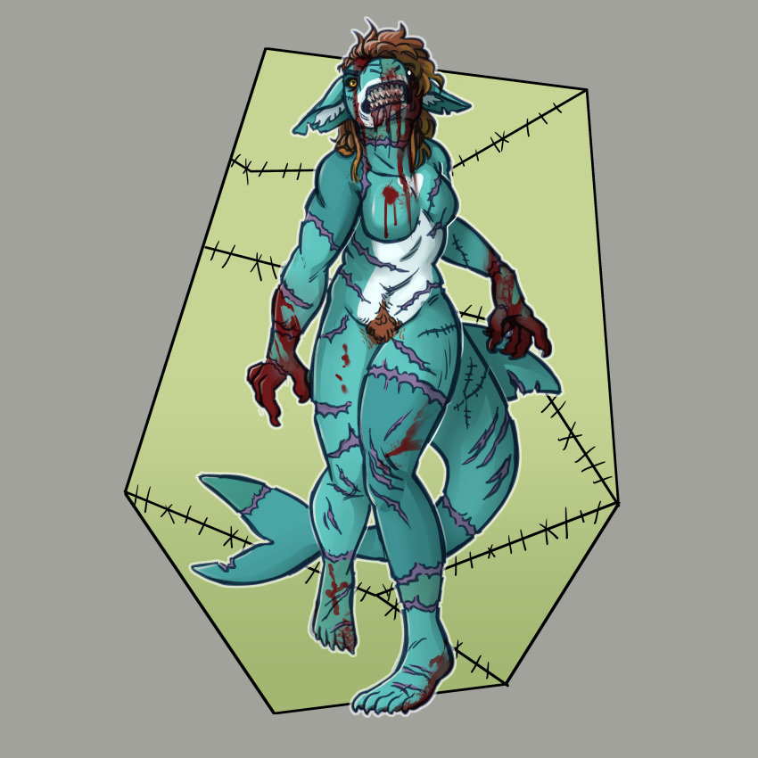 absurd_res anthro blood bodily_fluids cryptidcoyote fish hi_res marine nude shaded shark sketch stitch_(sewing) teeth