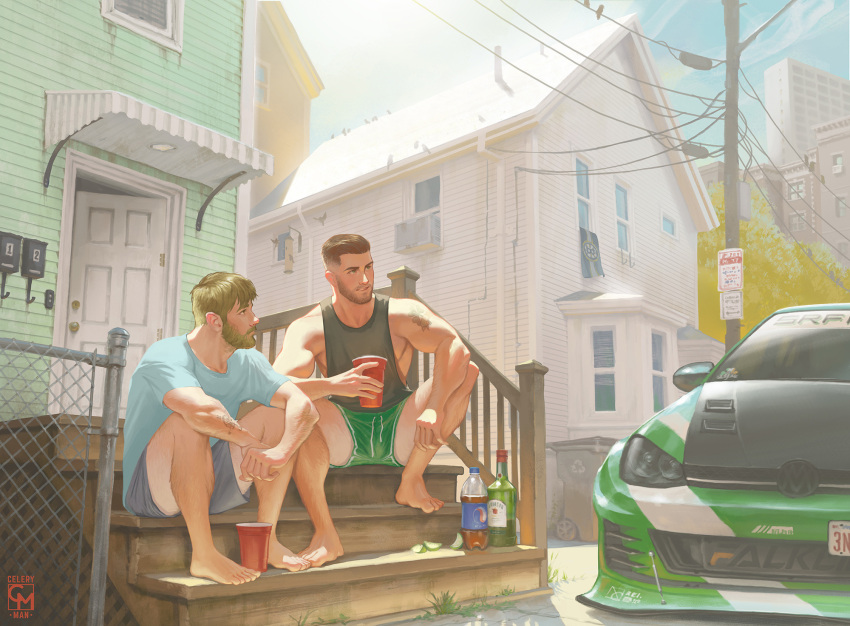 2boys arm_hair bara barefoot beard black_tank_top blonde_hair bottle brown_hair car celeryman chest_hair cup disposable_cup eddie_(celeryman) facial_hair from_side full_body green_shorts grey_shorts highres house leg_hair looking_ahead male_focus mature_male motor_vehicle multiple_boys muscular muscular_male original pectorals realistic scenery seamus_(celeryman) short_hair short_shorts shorts sidepec sitting spread_legs tank_top thick_eyebrows thick_mustache thighs yaoi