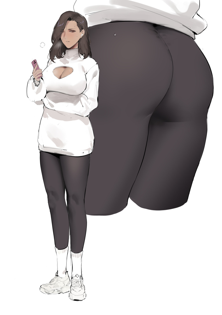 1girl absurdres alios_arvin ass brown_hair cleavage_cutout clothing_cutout dark-skinned_female dark_skin hair_over_one_eye highres leggings multiple_views original phone shoes sneakers socks socks_over_pants sweater turtleneck turtleneck_sweater white_socks white_sweater wireless_earphones