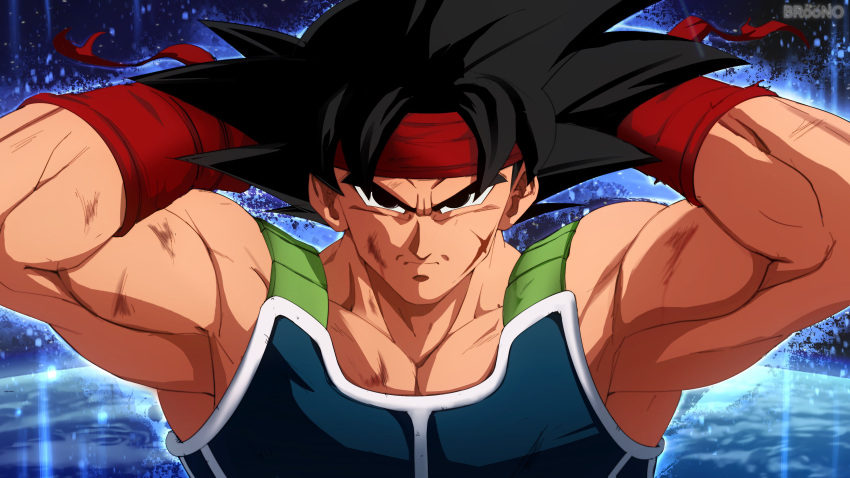 1boy absurdres adjusting_clothes armor armpits bardock black_eyes black_hair broonoart commentary_request cross_scar dragon_ball dragon_ball_z headband highres male_focus muscular muscular_male planet portrait red_headband scar scar_on_cheek scar_on_face serious signature solo