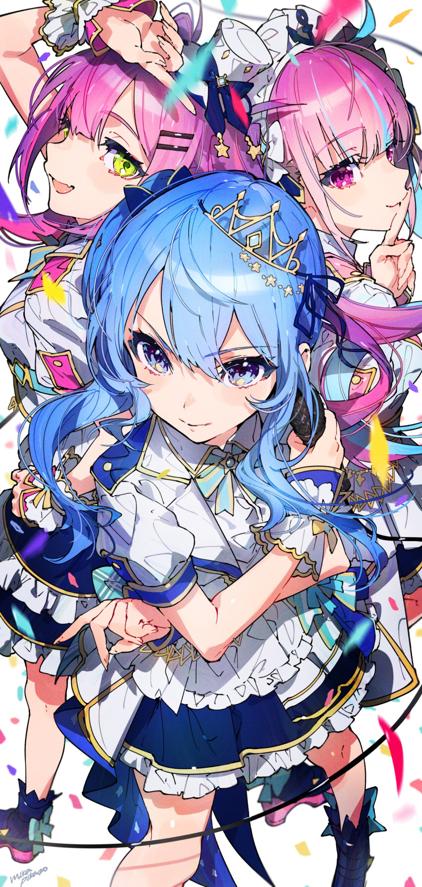 3girls absurdres anchor_hair_ornament anchor_print anchor_symbol blue_eyes blue_hair blue_skirt blush braid colored_inner_hair crossed_arms crown green_eyes hair_between_eyes hair_ornament hairband highres holding holding_microphone hololive hoshimachi_suisei long_hair microphone mika_pikazo minato_aqua multicolored_hair multiple_girls open_mouth pink_eyes pink_hair purple_eyes skirt star_(symbol) streaked_hair tokoyami_towa two-tone_hair virtual_youtuber