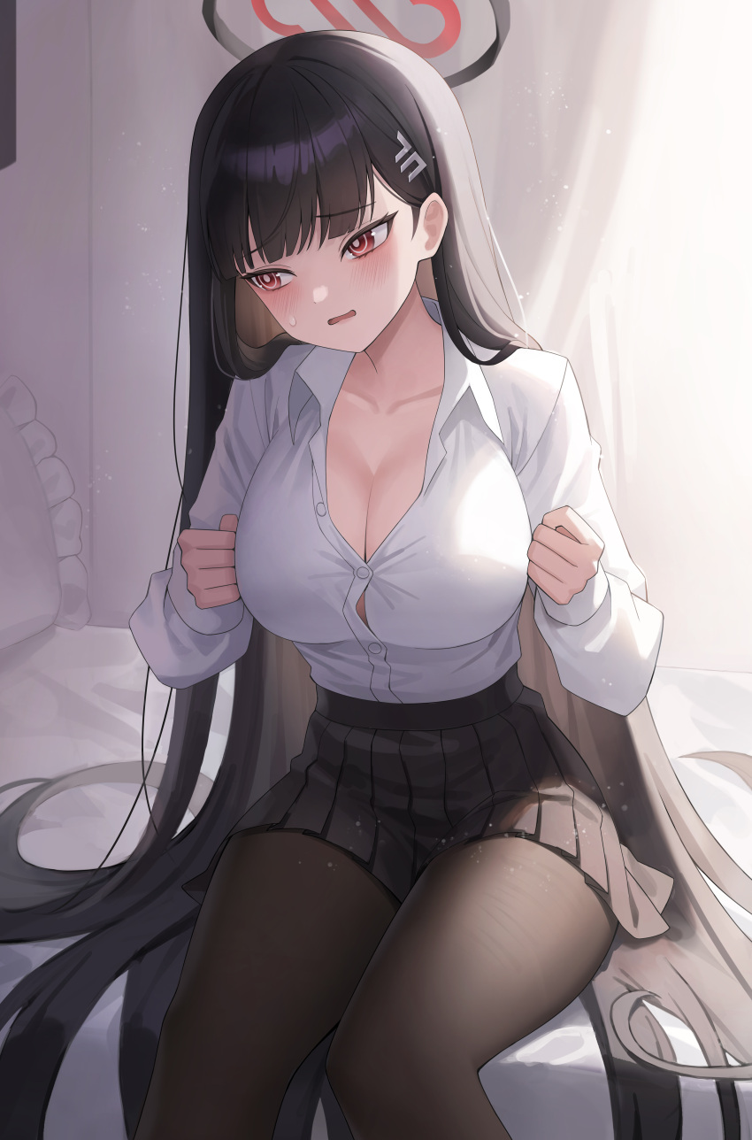 1girl absurdres averting_eyes backlighting beomko black_hair black_pantyhose black_skirt blue_archive blunt_bangs breasts bright_pupils button_gap cleavage collared_shirt curtains embarrassed hair_ornament hairclip halo highres large_breasts long_hair on_bed open_mouth pantyhose partially_unbuttoned pleated_skirt red_eyes rio_(blue_archive) shirt sitting skirt solo sweatdrop very_long_hair white_shirt window