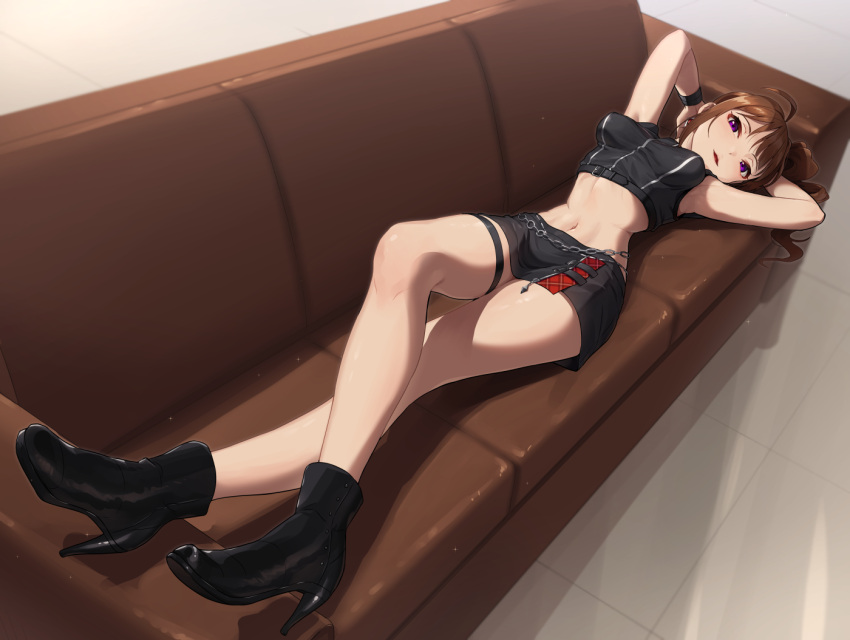 1girl ahoge ankle_boots armpits arms_behind_head arms_up bangs bare_arms black_footwear black_shirt black_skirt blush boots breasts brown_hair chain couch crop_top crossed_legs drill_hair foreshortening full_body high_heel_boots high_heels idolmaster idolmaster_million_live! idolmaster_million_live!_theater_days kamille_(vcx68) long_hair looking_at_viewer lying medium_breasts midriff miniskirt navel on_back on_couch parted_lips purple_eyes shirt side_drill side_ponytail skirt sleeveless sleeveless_shirt smile solo stomach thigh_strap yokoyama_nao