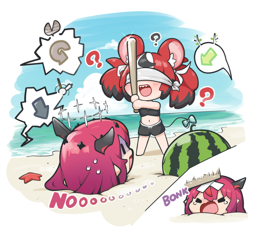 2girls ? absurdres animal_ears bandaid bandaid_on_head baseball_bat beach black_hair black_shirt black_shorts blue_sky bonk buried cloud commentary covered_eyes day english_text food fruit hakos_baelz highres holding holding_baseball_bat hololive hololive_english irys_(hololive) mouse_ears mouse_tail multiple_girls navel ocean open_mouth outdoors red_hair sharp_teeth shirt short_hair shorts sky smile snowmya spoken_symbol sweatdrop tail teeth twintails virtual_youtuber watermelon