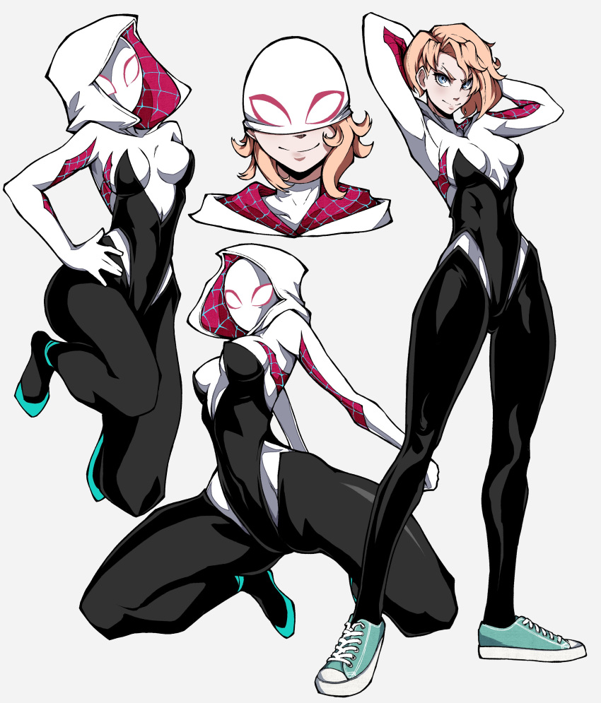 1girl absurdres ballet_slippers blonde_hair blue_eyes bodysuit gwen_stacy highres hood hooded_bodysuit kekel looking_at_viewer marvel mask shoes simple_background sneakers spider-gwen spider-man:_across_the_spider-verse spider-man_(series)