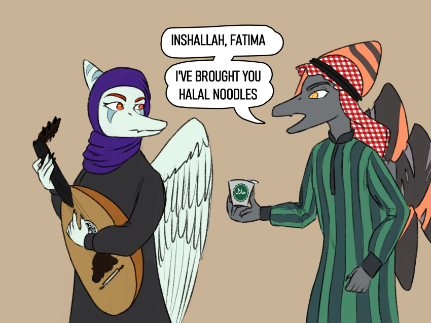 2023 abaya alternate_costume amber_eyes anthro arabic arabic_text broken_wing brown_background claws dialogue digital_drawing_(artwork) digital_media_(artwork) dinosaur duo english_text eyelashes fang_(gvh) feathered_wings feathers female fingers food goodbye_volcano_high grey_body grey_scales head_crest hi_res male musical_instrument naser_(gvh) noodles open_mouth oud plucked_string_instrument pterodactylus pterosaur reptile scales scalie scar simple_background snout string_instrument text unknown_artist wings yellow_eyes