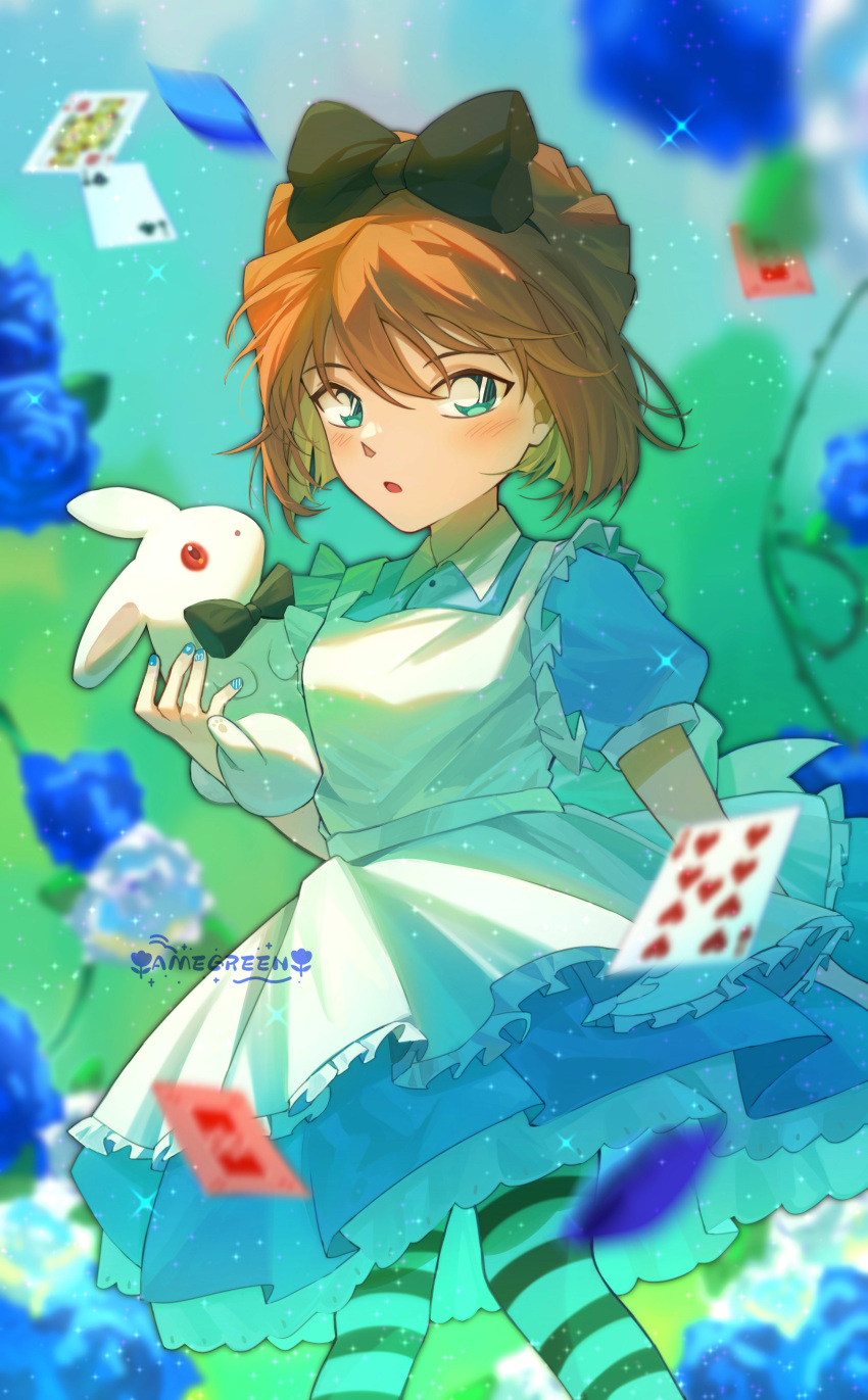 1girl absurdres alice_(alice_in_wonderland) alice_(alice_in_wonderland)_(cosplay) alice_in_wonderland animal apron aqua_eyes artist_name black_bow black_bowtie blue_dress blue_eyes blue_flower blue_rose blurry blush bob_cut bow bowtie breasts brown_hair card child collared_dress cosplay day depth_of_field dress falling_card feet_out_of_frame female_child flower haibara_ai hair_bow hand_up highres holding holding_animal looking_at_viewer meitantei_conan motion_blur nature pantyhose petals playing_card puffy_short_sleeves puffy_sleeves rabbit rose short_hair short_sleeves standing striped striped_pantyhose suzushi thorns white_apron white_flower white_rose