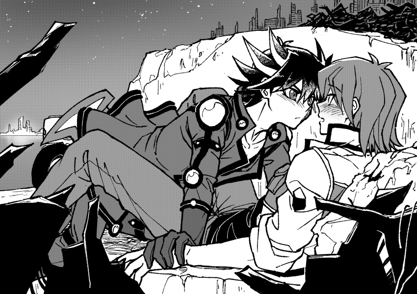2boys all_fours between_legs black_hair blush boy_on_top bruno_(yu-gi-oh!) city cliff couch couple elbow_pads fudou_yuusei gloves greyscale high_collar highres holding_another's_wrist imminent_kiss jacket junkyard knees_up leaning leaning_back leaning_forward lying male_focus monochrome multiple_boys night night_sky ocean on_back on_couch on_ground open_clothes open_jacket open_mouth outdoors pants pinned rock rolled_up screentones shirt short_hair shoulder_pads sky skyline spiked_hair surprised white_jacket yaoi youko-shima yu-gi-oh! yu-gi-oh!_5d's
