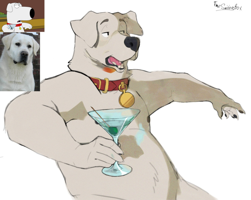 alcohol anthro beverage biped bird_dog brian_griffin canid canine canis collar domestic_dog family_guy fur half-closed_eyes hi_res holding_object hunting_dog labrador looking_away male mammal margarita name_tag narrowed_eyes nipples open_mouth red_collar reference_image retriever simple_background sitting slightly_chubby solo thesmilingbox white_background white_body white_fur