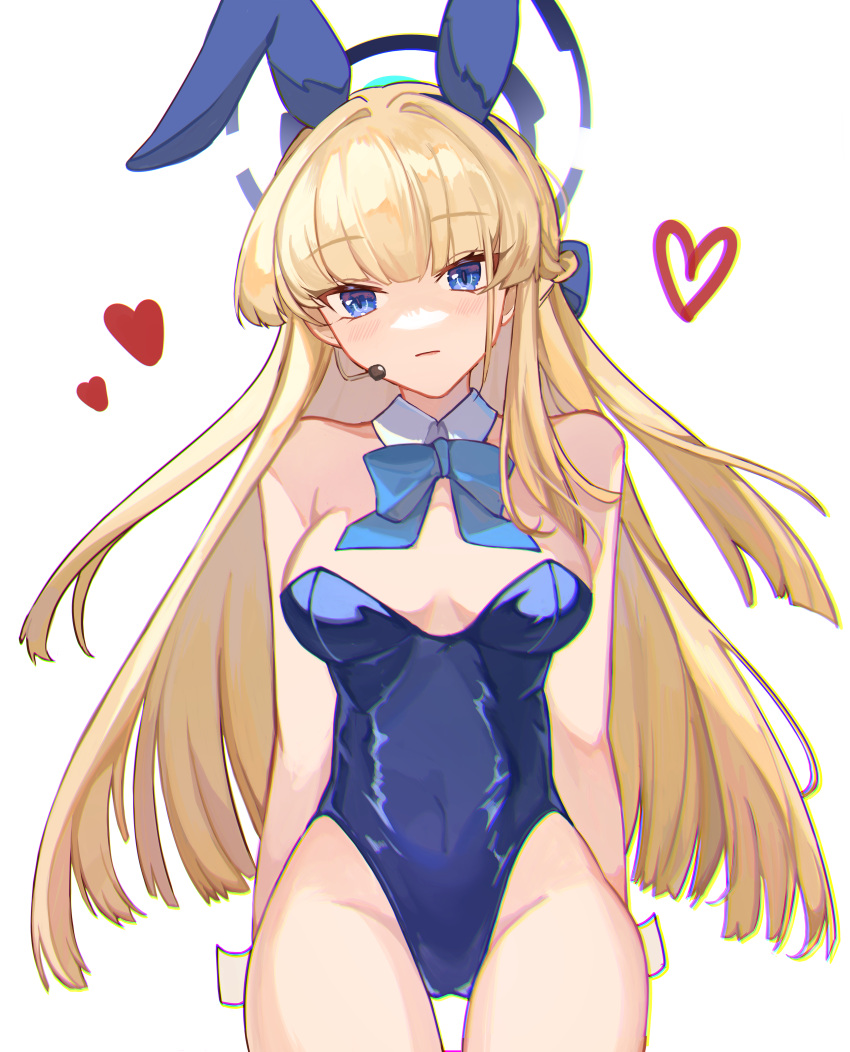 1girl absurdres animal_ears blonde_hair blue_archive blue_eyes blue_halo blue_leotard blue_ribbon blunt_bangs braid breasts closed_mouth commentary cowboy_shot detached_collar ear_piercing fake_animal_ears french_braid halo heart highleg highleg_leotard highres leotard long_hair looking_at_viewer medium_breasts neck_ribbon official_alternate_costume piercing playboy_bunny rabbit_ears ribbon simple_background solo straight-on strapless strapless_leotard toki_(blue_archive) toki_(bunny)_(blue_archive) white_background yume-dream