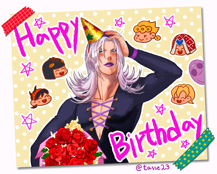 1boy :3 absurdres blue_eyes blush bouquet bruno_bucciarati chibi flower giorno_giovanna grey_hair guido_mista happy_birthday hat highres jojo_no_kimyou_na_bouken leone_abbacchio long_hair male_focus moody_blues_(stand) narancia_ghirga pannacotta_fugo party_hat postcard purple_lips rose solo tape tasse_jj twitter_username vento_aureo