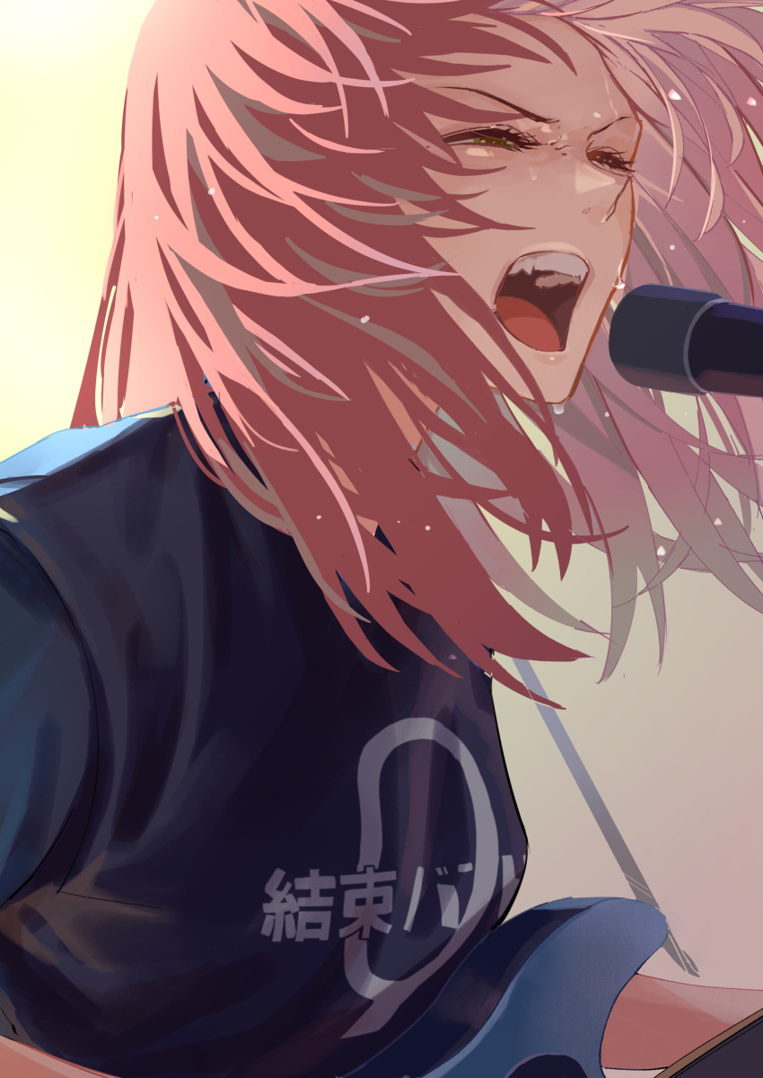 1girl absurdres black_shirt bocchi_the_rock! eyelashes fang green_eyes guitar hair_spread_out half-closed_eyes highres holding holding_instrument instrument kita_ikuyo long_hair microphone music nose open_mouth oshiri_seijin playing_instrument red_hair shirt simple_background singing solo sweat teeth upper_body upper_teeth_only v-shaped_eyebrows yellow_background