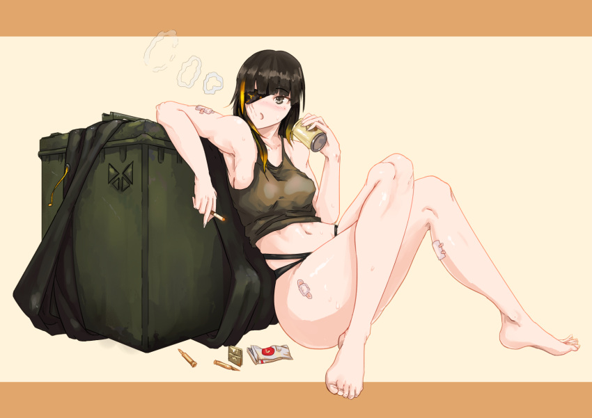 1girl blush breasts brown_hair bullet cigarette cigarette_pack eyepatch girls'_frontline highres holding holding_cigarette long_hair m16a1_(girls'_frontline) mole mole_under_eye multicolored_hair scar scar_across_eye scar_on_face shirt smoking solo toes velminth