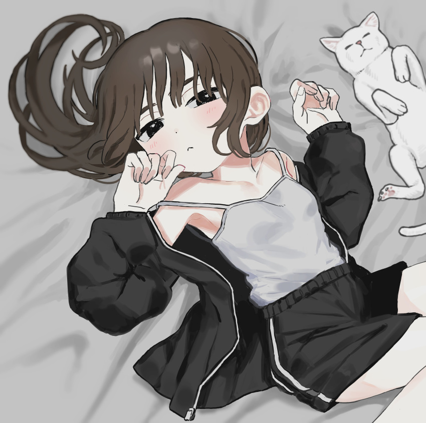 1girl :&lt; absurdres bed_sheet black_eyes black_jacket black_shorts blush breasts brown_hair cat closed_mouth commission grey_camisole hair_spread_out highres jacket kunoichi_kazuhito_(kuno_kazu) long_hair long_sleeves looking_at_viewer lying on_back open_clothes open_jacket original shirt_tucked_in shorts skeb_commission small_breasts solo