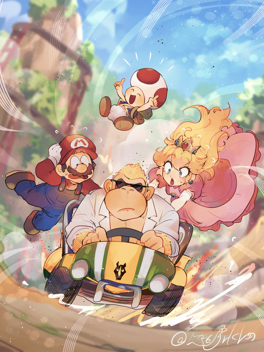 1girl absurdres blonde_hair blue_eyes crown dress earrings facial_hair gloves go-kart gorilla hair_flowing_over hanaon hat highres jewelry long_hair looking_at_viewer mario mario_(series) mario_kart mustache open_mouth overalls pink_dress princess_peach the_super_mario_bros._movie toad_(mario) white_gloves