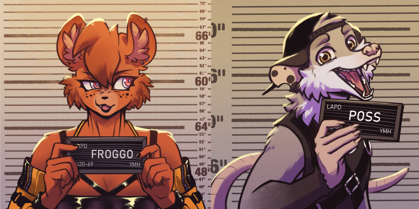 2:1 absurd_res anthro barbie_and_ken_mugshot_meme chinchilla chinchillid didelphid duo excited female froggsalt happy hi_res male male/female mammal marsupial mugshot prison rodent side_eye