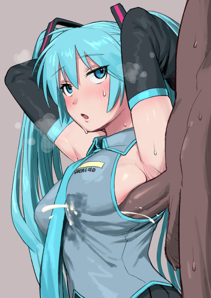 1boy 1girl absurdres armpits arms_behind_head blue_eyes blue_hair blue_necktie blush breasts collared_shirt cum cum_in_clothes cum_through_clothes dark-skinned_male dark_skin ejaculation hatsune_miku hetero highres keiichi_r18 long_hair looking_at_another medium_breasts necktie open_mouth penis penis_to_breast penis_under_another's_clothes shirt simple_background sleeveless sleeveless_shirt solo_focus sweat testicles twintails vocaloid