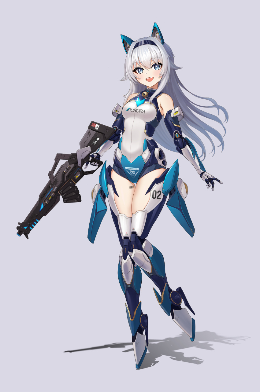 1girl absurdres assault_rifle barcode barcode_tattoo bare_shoulders blue_eyes blush breasts full_body gun hairband high_heels highres joints long_hair mecha_musume megakaka open_mouth original rifle robot_joints smile solo tattoo trigger_discipline very_long_hair weapon white_hair