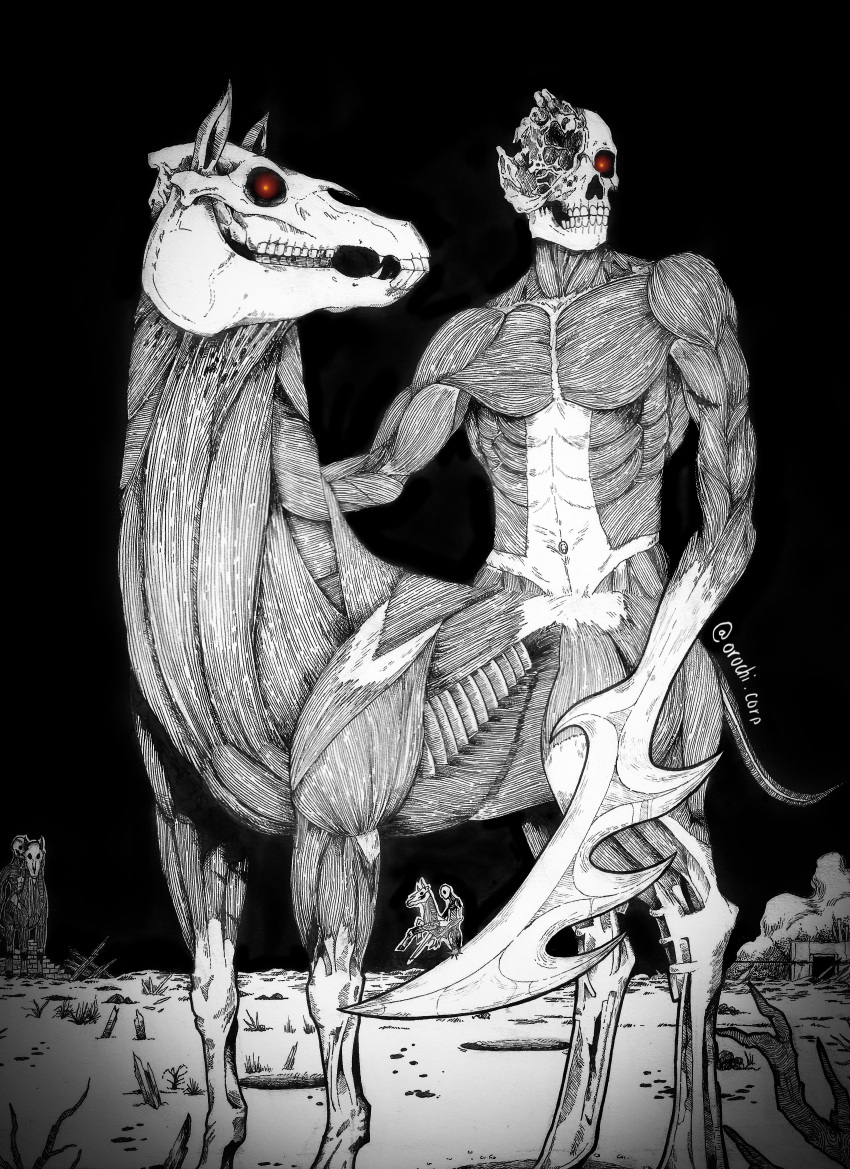 1_eye abs absurd_res ambiguous_gender anthro artist_name bone clenched_teeth deltoids equid equine galloping glowing glowing_eyes grass group hi_res hooves horse humanoid king_orochi looking_at_viewer male mammal melee_weapon muscular muscular_anthro muscular_male navel night nuckelavee nude outside plant red_eyes running scp-3456 skinless skull skull_head solo_focus standing taur teeth traditional_media_(artwork) trio unusual_form weapon weapon_arm
