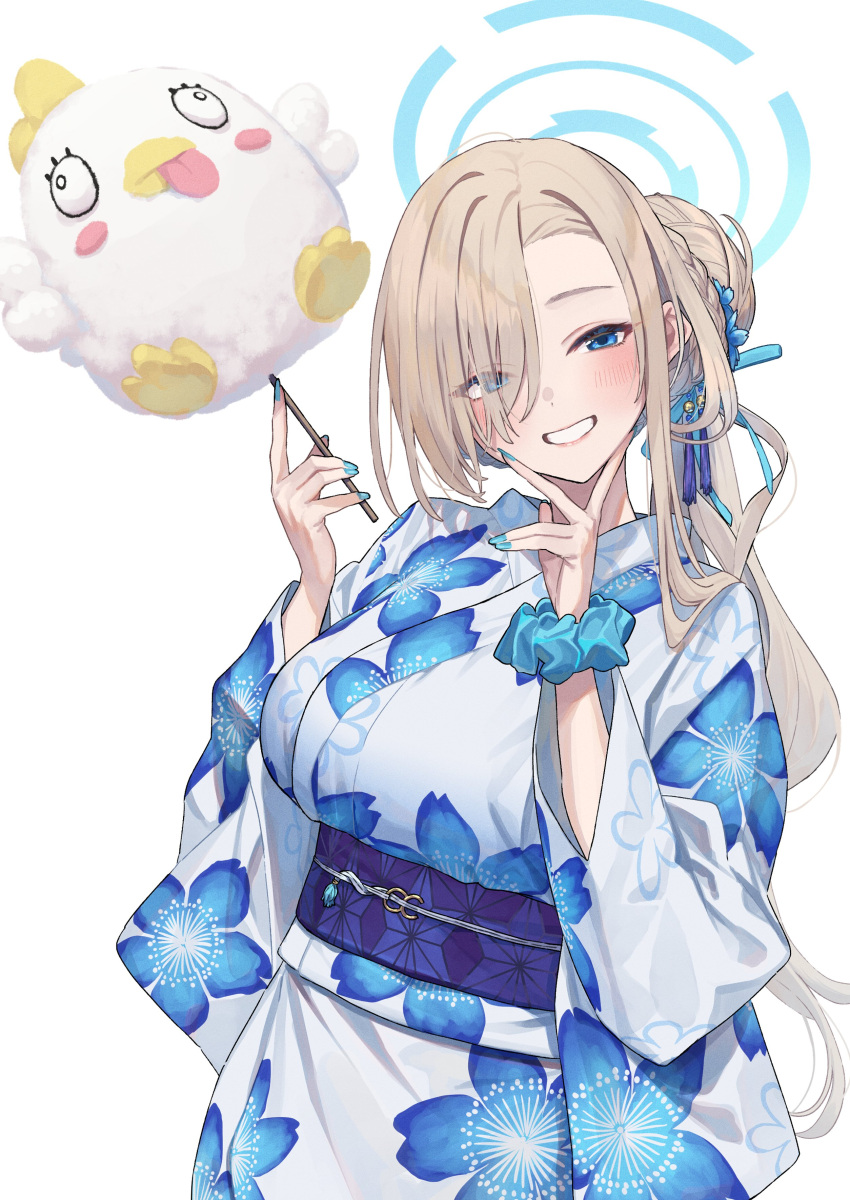 1girl absurdres asuna_(blue_archive) asymmetrical_bangs baffu blue_archive blue_eyes blue_kimono blue_nails blush breasts cotton_candy fingernails floral_print flower food grin hair_bun hair_flower hair_ornament hair_over_one_eye halo highres holding holding_food japanese_clothes kimono large_breasts long_fingernails long_hair looking_at_viewer nail_polish obi open_mouth print_kimono sash single_hair_bun smile solo teeth v yukata