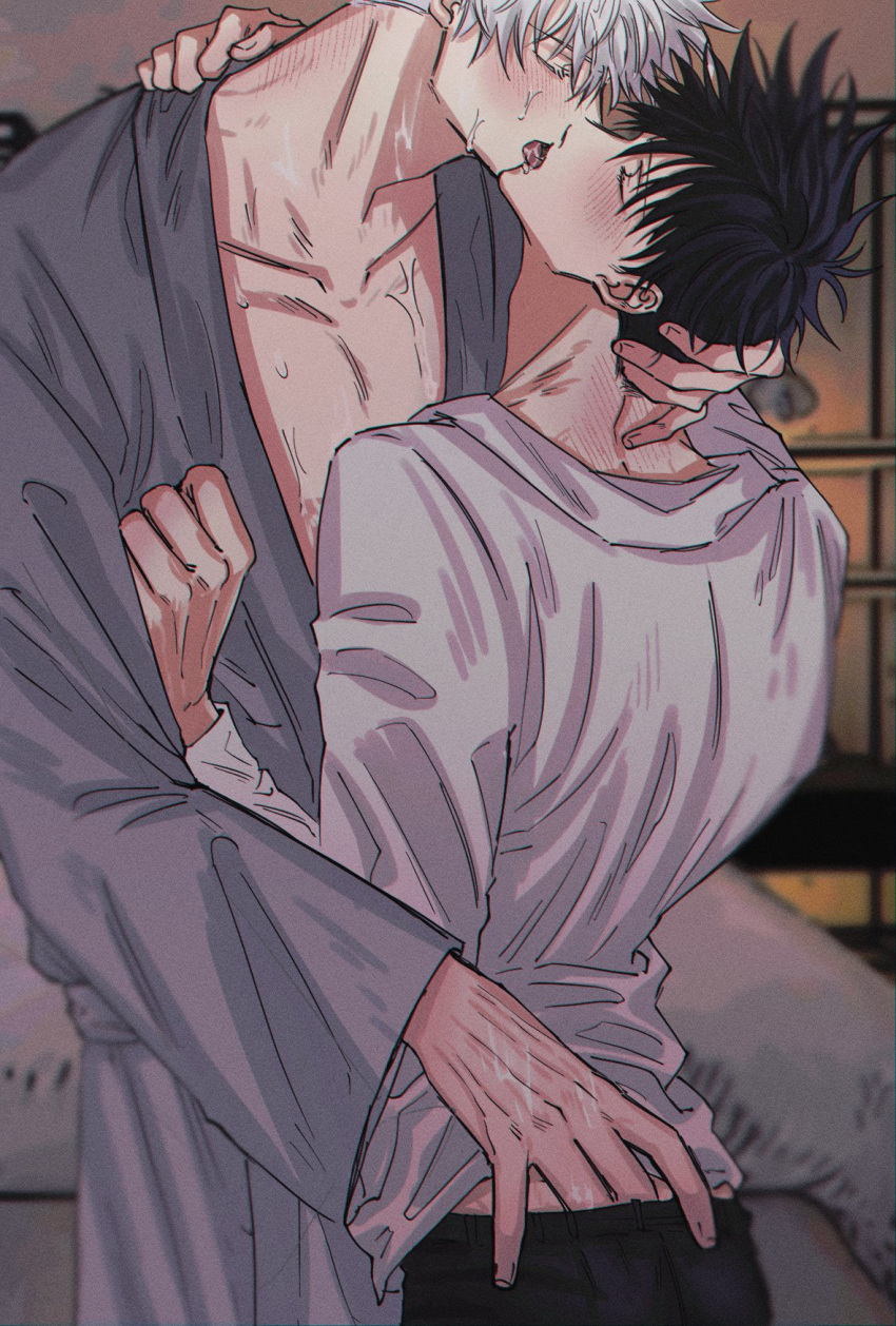 2boys ass_grab black_hair black_pants blush couple french_kiss full-face_blush fushiguro_megumi fushirun_rung gojou_satoru grabbing_another's_ass groping hand_under_clothes height_difference highres indoors jujutsu_kaisen kiss long_sleeves male_focus multiple_boys pants short_hair spiked_hair wet white_hair wide_sleeves yaoi