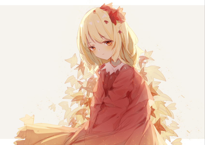 1girl aki_shizuha autumn_leaves blonde_hair blush closed_mouth expressionless hair_ornament highres leaf leaf_hair_ornament long_sleeves maple_leaf red_shirt red_skirt shirt short_hair skirt solo touhou yellow_eyes youmiblue