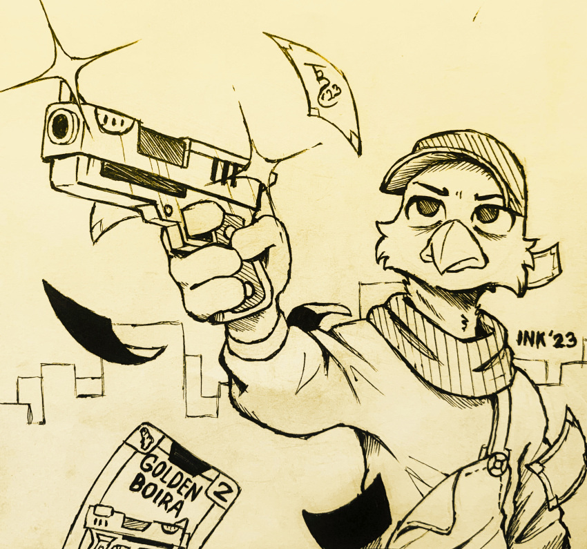 2023 absurd_res anthro avian beak bird card cheek_tuft clothed clothing facial_tuft friends_vs_friends gun hat headgear headwear hi_res holding_gun holding_object holding_weapon inktober inktober_2023 ranged_weapon signature solo theblueberrycarrots traditional_media_(artwork) tuft weapon