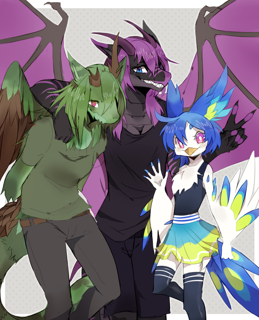 2016 5_fingers anthro avian beak belt bird black_body blue_eyes blue_hair bottomwear breasts broken_horn clenched_teeth clothed clothing dragon feathered_wings feathers female fingers fur gesture green_body green_fur green_hair group hair hands_behind_back hi_res horn kyisha legwear looking_at_viewer multicolored_body multicolored_feathers nails pants perico photo_shoot pink_eyes pose purple_hair purple_stripes raimia red_eyes shirt simple_background skirt smile spread_wings stripes teeth teeth_showing thigh_highs topwear trio v_sign wave white_body white_fur wings zuekrz