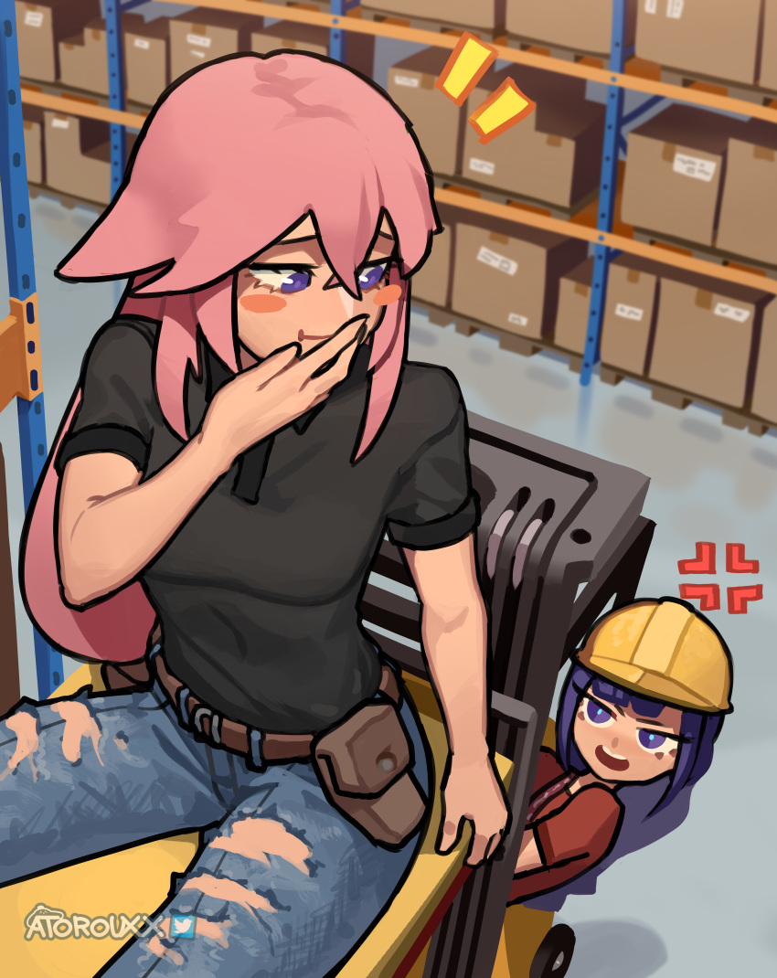 2girls ^^^ absurdres anger_vein artist_name atoroux belt belt_pouch black_shirt blush_stickers box breasts denim genshin_impact hand_to_own_face hard_hat helmet highres indoors jeans long_hair looking_at_another multiple_girls open_mouth pants pink_hair pouch purple_eyes purple_hair raiden_shogun red_shirt shirt short_sleeves sitting yae_miko