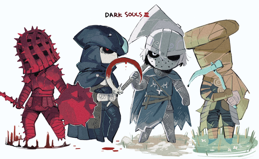 4boys armor armored_boots axe black_headwear black_pants blood blood_on_weapon boobplate boots breastplate brown_gloves copyright_name dark_souls_(series) dark_souls_iii faulds full_armor gauntlets gloves helm helmet highres holding holding_axe holding_shield holding_sickle holding_weapon knight multiple_boys pants pauldrons red_eyes shield shiny_clothes shoulder_armor standing water weapon white_background yashiki_(gh0st_5010)