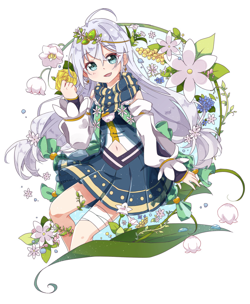 1girl :d absurdres ahoge alpha_transparency aoba_chika arm_at_side bandaged_leg bandages blue_eyes blue_flower blue_scarf blue_shirt blue_skirt blush clothing_cutout cropped_legs crossed_bangs detached_sleeves dew_drop earrings feet_out_of_frame flower flower_request hair_between_eyes hair_flower hair_ornament hand_up head_wreath highres jewelry leaf lily_of_the_valley long_hair long_sleeves looking_at_viewer low-tied_long_hair low_twintails magia_record:_mahou_shoujo_madoka_magica_gaiden magical_girl mahou_shoujo_madoka_magica megitti miniskirt navel navel_cutout open_mouth parted_hair plant pleated_skirt pom_pom_(clothes) scarf shirt skirt sleeveless sleeveless_shirt smile solo striped striped_scarf twintails two-tone_sleeves very_long_hair vine_on_leg vines water_drop white_flower white_hair yellow_flower
