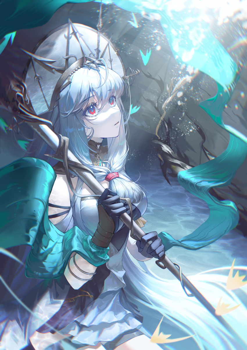 1girl absurdres aqua_ribbon arknights bare_shoulders bigchun black_dress black_gloves black_ribbon blurry blurry_background breasts dress fish front_ponytail gloves grey_dress grey_hair grey_headwear hair_between_eyes hat headdress highres holding holding_staff layered_dress light_rays long_hair looking_up low-tied_long_hair official_alternate_costume phoenix_crown red_eyes ribbon sitting skadi_(arknights) skadi_the_corrupting_heart_(arknights) skadi_the_corrupting_heart_(sublimation)_(arknights) solo staff thigh_strap tropical_fish two-tone_dress underwater very_long_hair white_dress white_hair wrist_guards