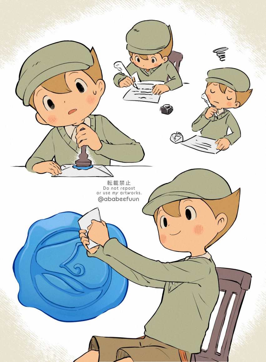 1boy abarenbou_bifun black_eyes blonde_hair blue_headwear blue_sweater blush brown_shorts cabbie_hat closed_eyes closed_mouth collared_shirt commentary_request envelope hand_up hat highres holding holding_envelope holding_quill ink_bottle long_sleeves luke_triton male_focus multiple_views on_chair open_mouth paper professor_layton quill sequential shirt short_hair shorts sitting smile sweatdrop sweater wax_seal white_shirt writing