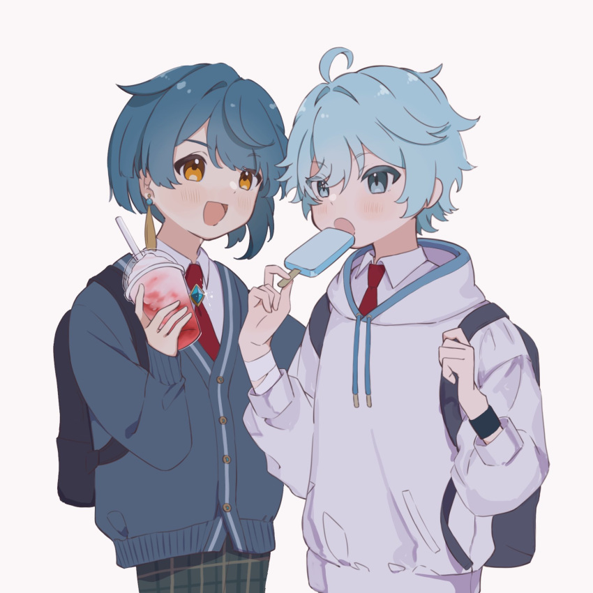 2boys ahoge baby_bav bag bendy_straw blue_eyes blue_hair child chongyun_(genshin_impact) commentary_request drink drinking_straw earrings food formal genshin_impact hair_between_eyes highres holding holding_food hood hooded_jacket jacket jewelry male_focus multiple_boys open_mouth popsicle red_tie school_bag simple_background single_earring smile tropical_drink upper_body white_background xingqiu_(genshin_impact) yellow_eyes