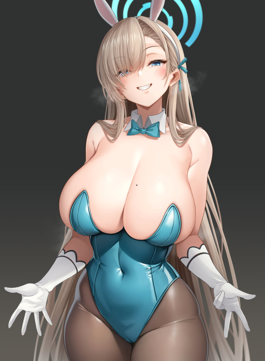 1girl animal_ears asuna_(blue_archive) asuna_(bunny)_(blue_archive) asymmetrical_bangs bare_shoulders black_pantyhose blonde_hair blue_archive blue_bow blue_bowtie blue_eyes blue_halo blue_leotard blush bow bowtie breasts cleavage covered_navel detached_collar elbow_gloves fake_animal_ears gloves hair_ornament hair_over_one_eye hairband halo highleg highleg_leotard highres large_breasts leotard light_brown_hair long_hair looking_at_viewer mole mole_on_breast official_alternate_costume oni-noboru pantyhose parted_lips playboy_bunny rabbit_ears simple_background smile solo strapless strapless_leotard thighs traditional_bowtie white_gloves white_hairband