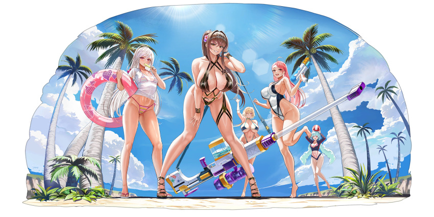 5girls ahoge anti-materiel_rifle ass_visible_through_thighs asymmetrical_bikini ball barefoot beachball beast_hunter_(last_origin) bikini bikini_top_only bikini_under_clothes black_bikini black_footwear black_jacket blonde_hair blue_bikini bracelet breasts brown_eyes brown_hair cleavage cloud cloudy_sky collarbone criss-cross_halter cropped_jacket curly_hair duct_tape emily_(last_origin) english_text flip-flops flower food food_in_mouth from_below full_body game_cg grass grin groin groin_tendon gun hair_between_eyes hair_flower hair_ornament halterneck hand_on_own_thigh heart heart_bikini hibiscus high_heels highleg highleg_bikini highleg_swimsuit highres holding holding_ball holding_food holding_gun holding_lifebuoy holding_popsicle holding_weapon huge_breasts huge_weapon jacket jewelry large_breasts last_origin leaning_forward legs_apart lens_flare lifebuoy light_green_hair linea_alba long_hair looking_at_viewer medium_breasts micro_bikini multicolored_bikini multicolored_clothes multiple_girls nail_polish navel necklace official_alternate_costume official_art one-piece_swimsuit open_clothes open_jacket open_mouth outdoors palm_tree pani_(last_origin) pasties pink_eyes pink_flower pink_hair ponytail popsicle popsicle_in_mouth purple_eyes purple_flower raven_(last_origin) red_bikini red_eyes rifle ring royal_arsenal sandals see-through see-through_shirt shiny_skin shirt short_sleeves side-tie_bikini_bottom sideboob skindentation sky slingshot_swimsuit small_breasts smile sniper_rifle standing standing_on_one_leg star_sticker sticker strappy_heels string_bikini striped striped_bikini sun swimsuit swimsuit_under_clothes swimsuit_under_swimsuit tachi-e taesi tape tape_on_nipples tape_on_pussy taut_clothes taut_shirt thick_thighs thigh_strap thighs third-party_source tied_shirt transparent_background tree very_long_hair water_gun waving weapon wet wet_clothes wet_shirt white_hair white_nails white_one-piece_swimsuit white_shirt