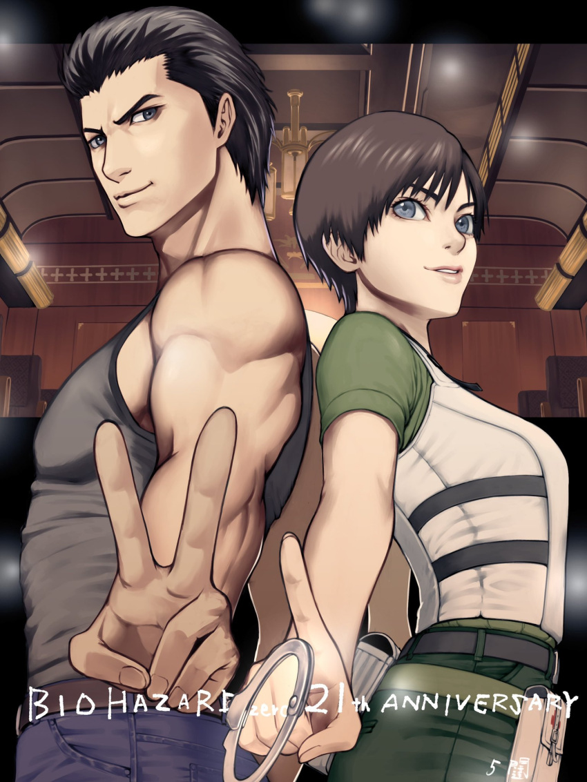 1boy 1girl 5tatsu back-to-back belt billy_coen black_belt black_hair blue_pants breasts brown_belt brown_hair closed_mouth cuffs denim green_pants green_sleeves grey_eyes grey_tank_top hair_slicked_back handcuffs highres indoors jeans medium_breasts muscular muscular_male pants parted_lips rebecca_chambers resident_evil resident_evil_0 short_hair short_sleeves smile tank_top upper_body v