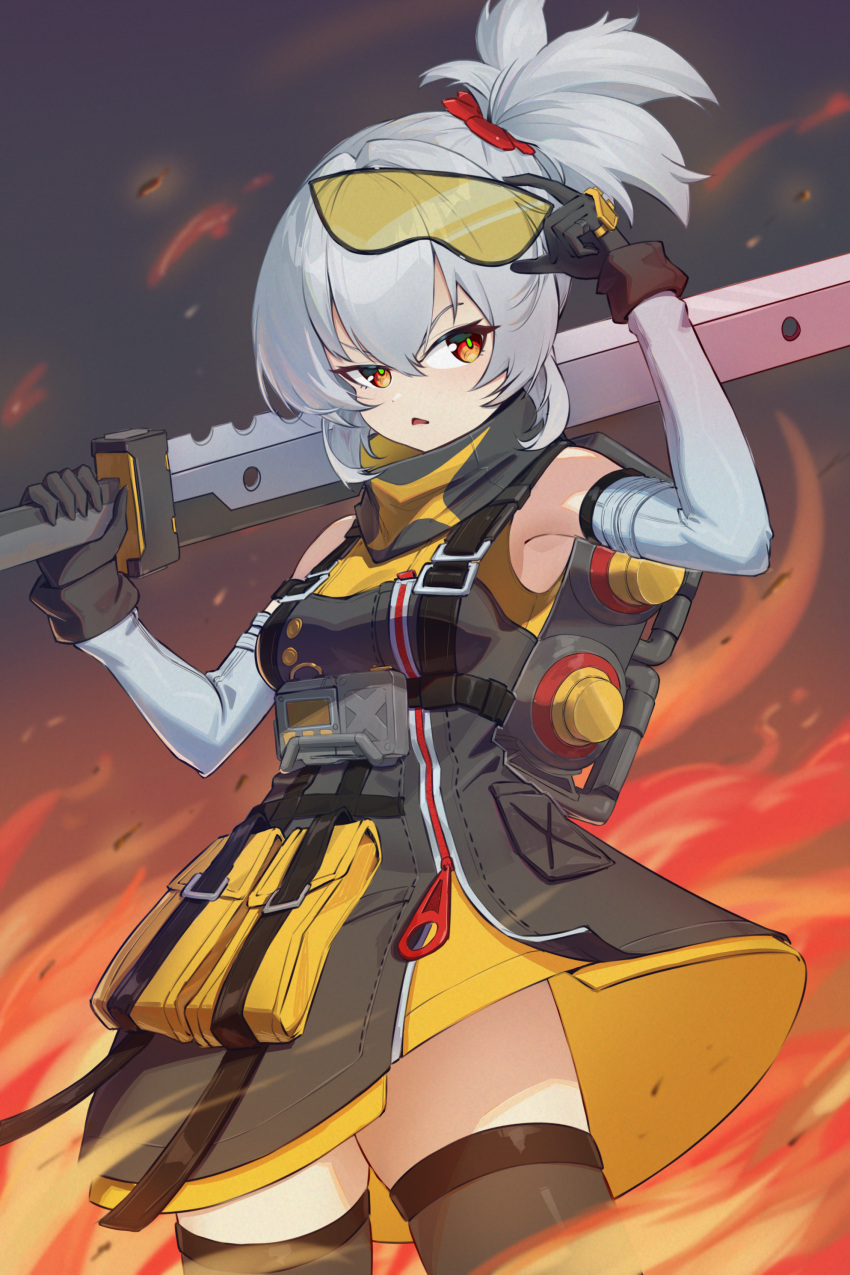 1girl absurdres annoyed armpits backpack bag black_coat black_gloves black_thighhighs breasts coat collared_jacket cowboy_shot crossed_bangs detached_sleeves fire gloves goggles goggles_on_head grey_hair hair_tie highres holding holding_goggles holding_sword holding_weapon laska_(572124034) layered_clothes looking_to_the_side medium_breasts open_mouth orange_eyes pouch short_hair sidelocks sleeveless sleeveless_jacket soldier_11_(zenless_zone_zero) solo sword thighhighs triangle_mouth weapon white_sleeves zenless_zone_zero zipper