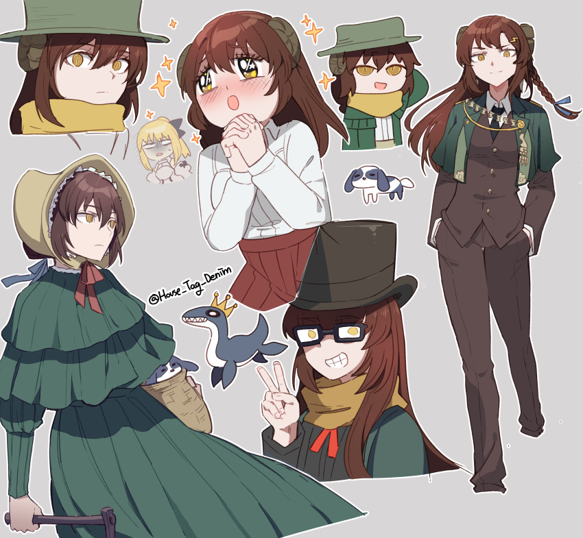 1girl absurdres breasts brown_hair brown_skirt brown_suit capelet chibi dog dress fate/grand_order fate_(series) formal glasses green_capelet green_dress green_headwear grin hair_ornament hat highres house_tag_denim long_braid long_hair long_sleeves looking_at_viewer mary_anning_(fate) medium_breasts multiple_views plesiosaur riyo_(lyomsnpmp)_(style) scarf shirt skirt smile sparkle sparkling_eyes suit v white_shirt yellow_eyes yellow_scarf