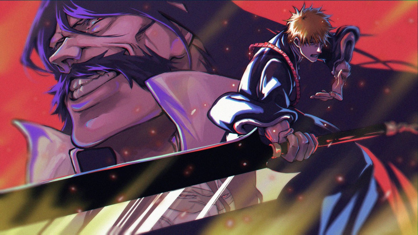 2boys black_hair black_kimono bleach bleach:_the_thousand-year_blood_war clenched_teeth evil_smile facial_hair feet_out_of_frame fighting_stance hair_between_eyes holding holding_sword holding_weapon japanese_clothes kimono kurosaki_ichigo long_hair long_sleeves looking_at_viewer male_focus multiple_boys mustache orange-tinted_eyewear orange_eyes orange_hair red_background red_eyes reflection shihakusho smile sword teeth thick_mustache tinted_eyewear weapon wide_sleeves yhwach zangetsu zangetsu_(shikai) zsd2015