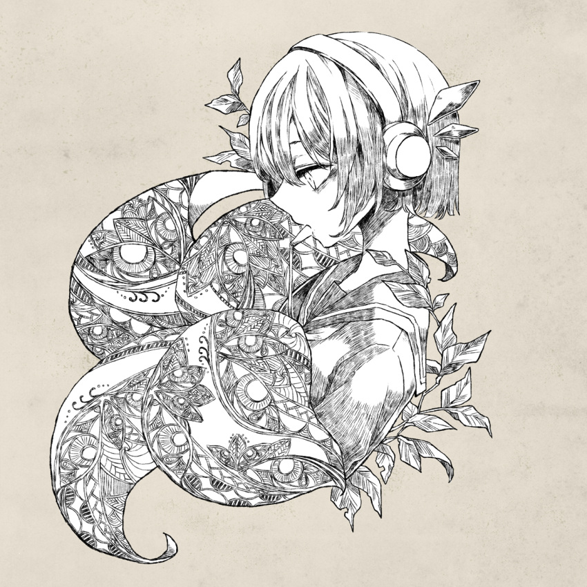 1girl abstract bags_under_eyes brown_background commentary_request cropped_torso disembodied_eye expressionless flower from_side greyscale_with_colored_background hatching_(texture) headphones highres instrument keyboard_(instrument) leaf looking_down makayaki_(rikka705) melodica monster_girl mouth_hold nene_nene petals plant_girl profile school_uniform serafuku short_hair solo utau
