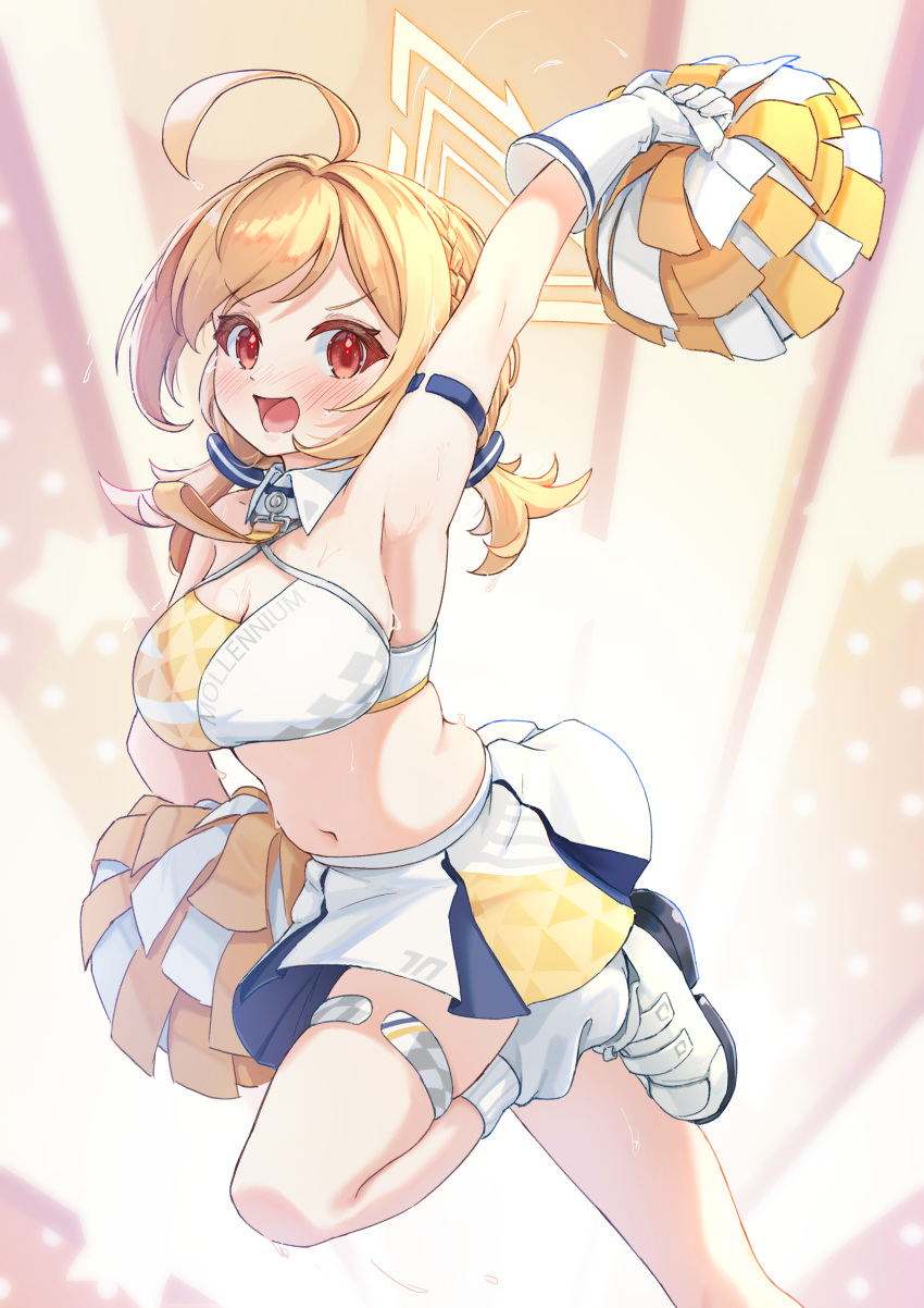 1girl absurdres ahoge blonde_hair blue_archive blush breasts cheerleader cleavage dot_nose halo highres holding holding_pom_poms kotori_(blue_archive) kotori_(cheer_squad)_(blue_archive) large_breasts looking_at_viewer millennium_cheerleader_outfit_(blue_archive) muffin_top nabe-san navel open_mouth pom_pom_(cheerleading) red_eyes short_twintails skirt solo triangle_halo twintails yellow_halo
