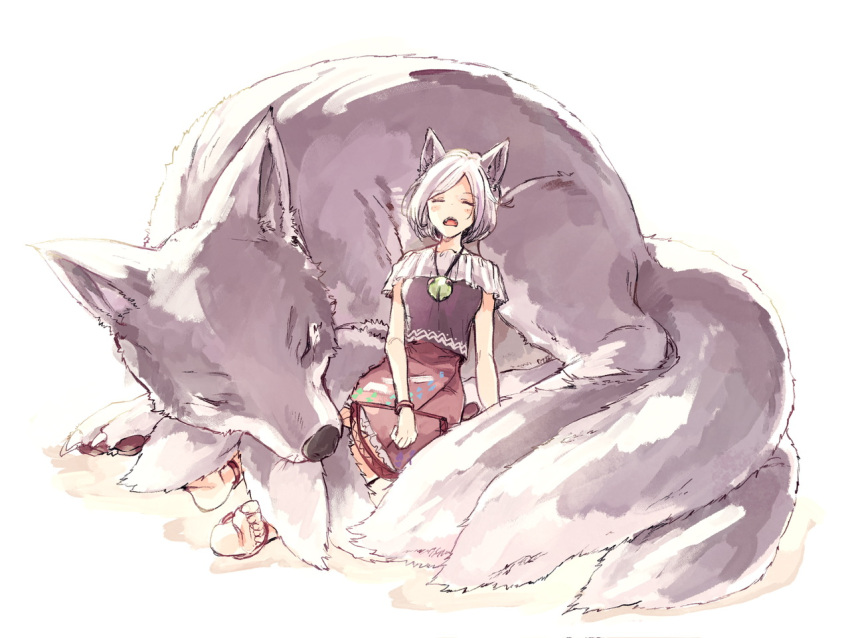 1girl animal animal_ears barefoot blush dog dog_ears dog_tail dress foothold_trap grey_hair hisona_(suaritesumi) mitsugashira_enoko multiple_tails open_mouth pink_skirt purple_dress short_hair short_sleeves simple_background skirt solo tail touhou traditional_youkai white_background