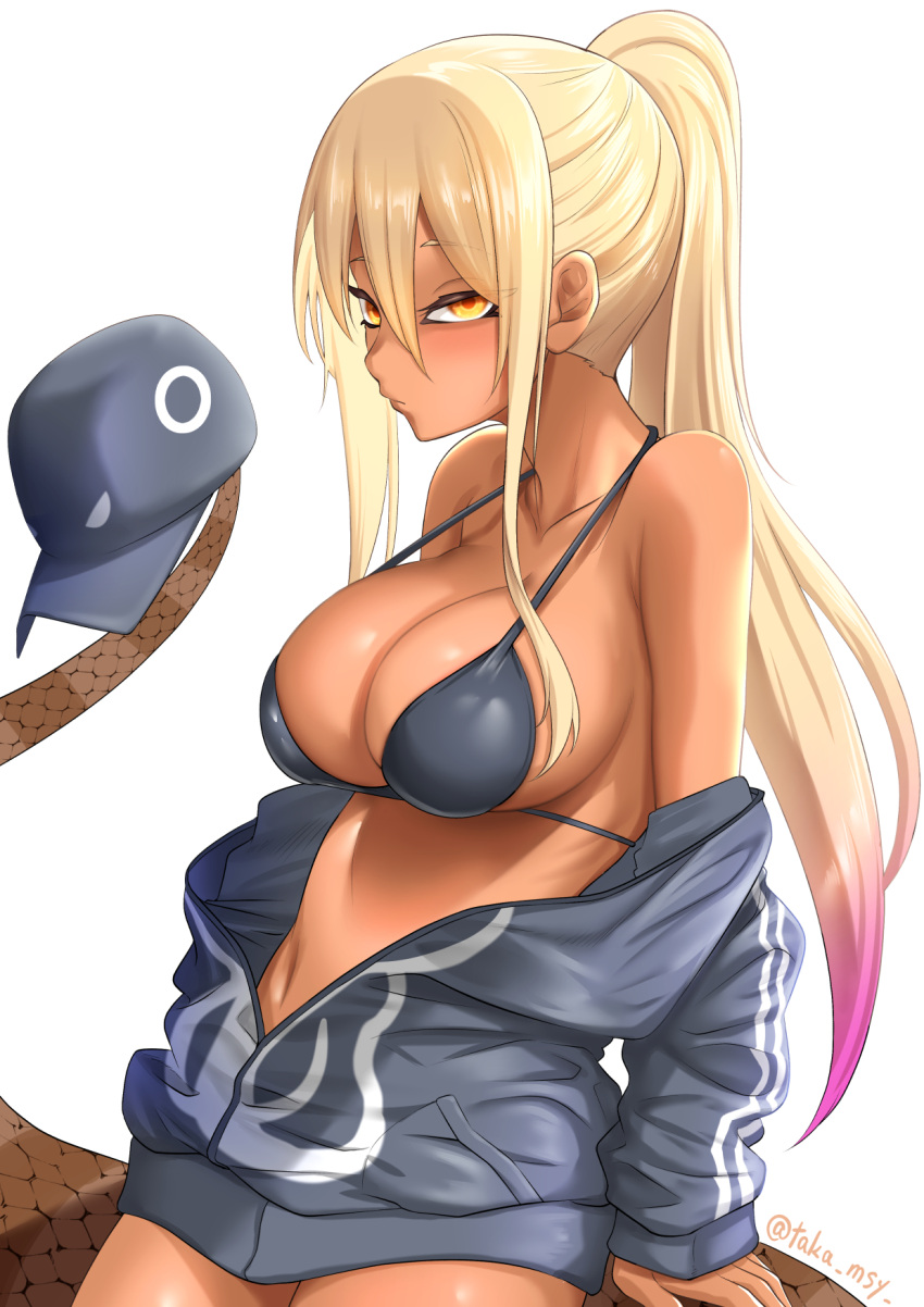 1girl alternate_breast_size alternate_hairstyle arm_support baseball_cap between_breasts bikini bikini_top_only bikini_under_clothes black_bikini blonde_hair breasts closed_mouth clothes_down collarbone cowboy_shot expressionless halterneck hat hat_removed headwear_removed high_ponytail highres jacket kashisu_mint kemono_friends king_cobra_(kemono_friends) leaning_back long_hair long_sleeves looking_at_viewer multicolored_eyes multicolored_hair navel official_alternate_costume parted_bangs partially_unzipped pink_hair purple_hair red_eyes simple_background skindentation snake_tail solo stomach strap_gap swimsuit tail tan twitter_username two-tone_hair very_long_hair white_background yellow_eyes zipper