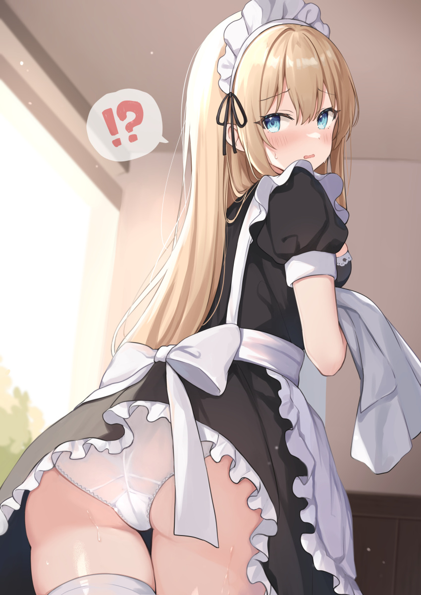 !? 1girl absurdres apron ass blonde_hair blue_eyes blush bow breasts dress frills highres long_hair looking_at_viewer maid maid_apron maid_headdress okiq open_mouth original panties puffy_sleeves short_sleeves solo sweat thigh_gap thighhighs thighs underwear white_panties