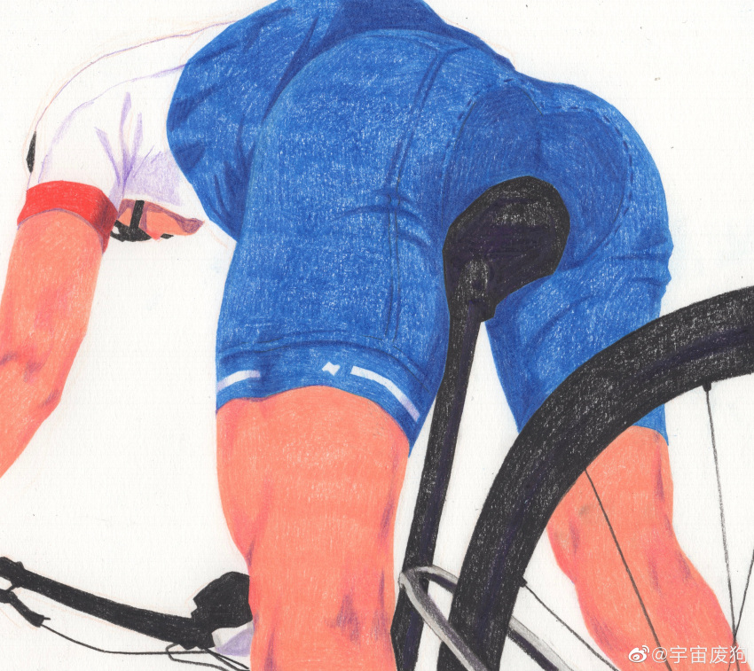 1boy absurdres ass ass_focus bara bicycle bicycle_seat bike_jersey dagou_(yuzhou_fei_gou) faceless faceless_male feet_out_of_frame from_behind goggles highres male_focus original painterly short_hair solo sportswear thighs tight_clothes toned toned_male