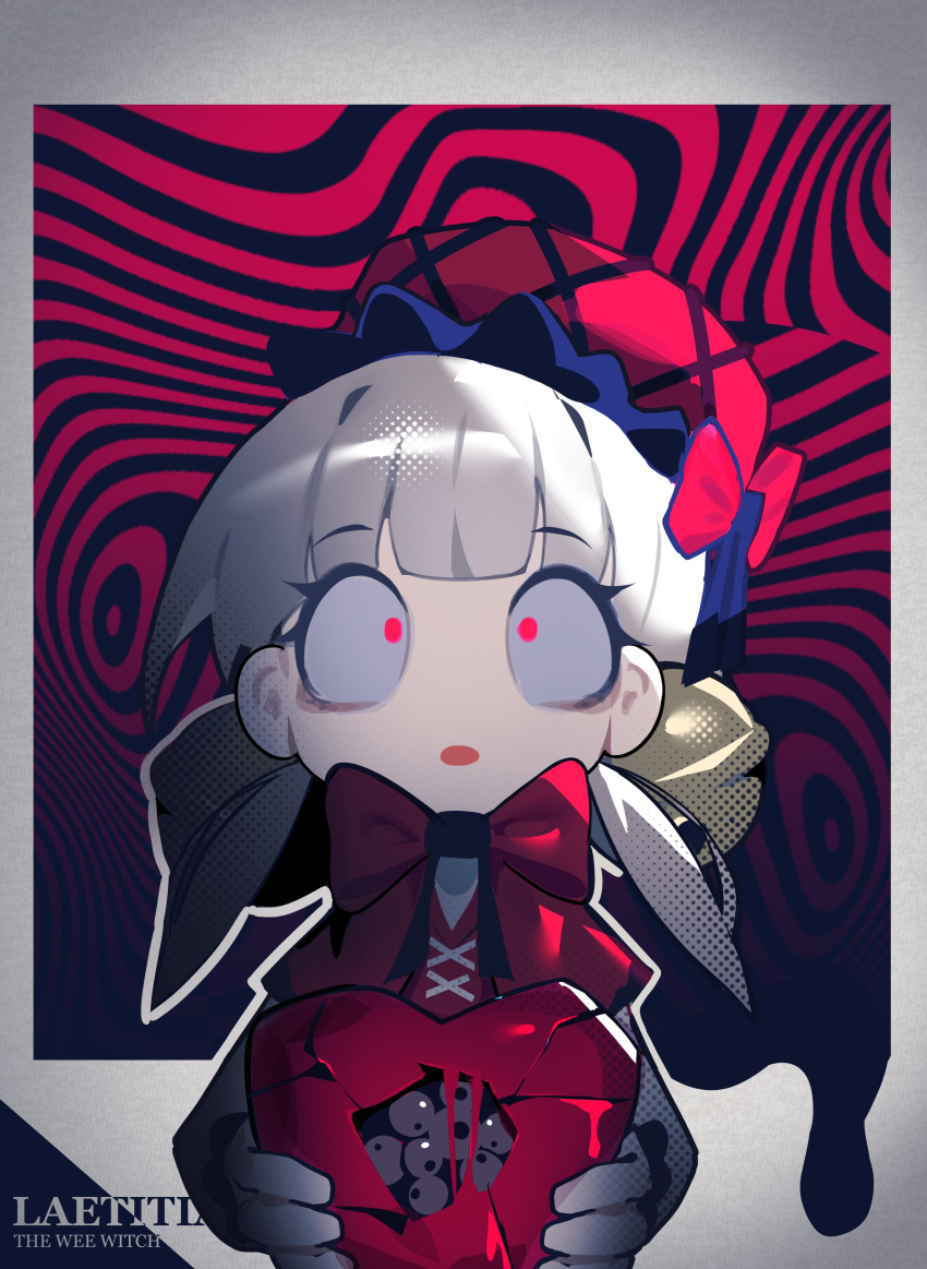 1girl absurdres bell bow character_name ghost_(tama) hair_bow hair_ornament hat heart highres holding laetitia_(lobotomy_corporation) lobotomy_corporation long_sleeves looking_at_viewer open_mouth portrait project_moon red_eyes solo white_hair